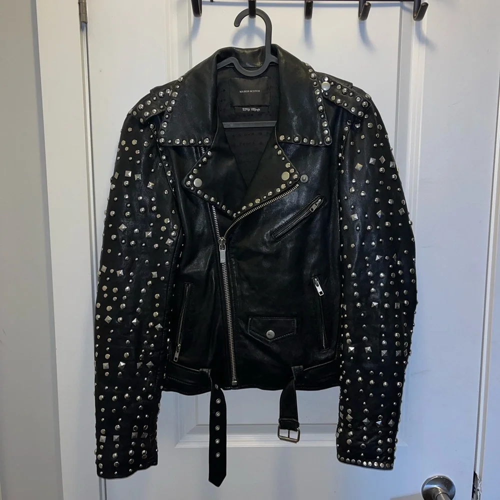 Maison Scotch and Soda Punk Radar Sheepskin Leather Studded Biker Jacket - Picture 2 of 6